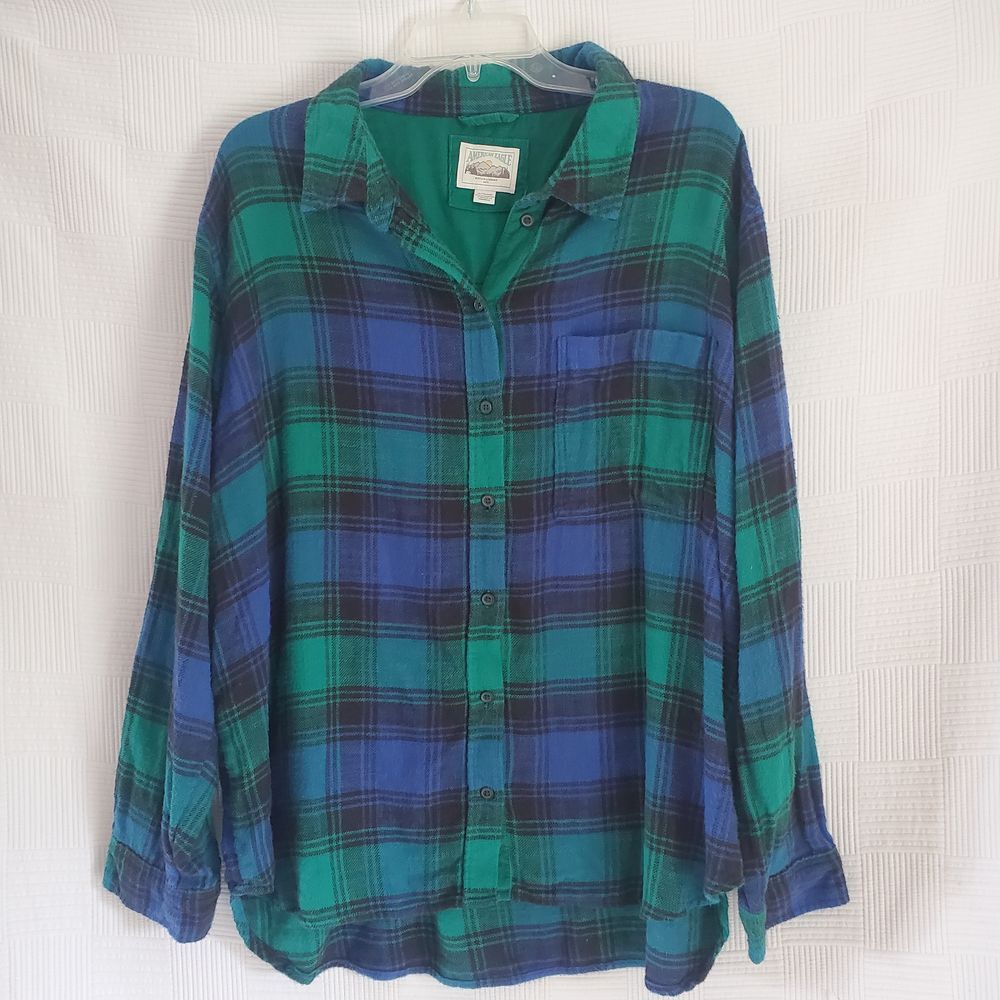 American Eagle Plaid Flannel Shirt Green Blue Button Up Long Sleeve XL